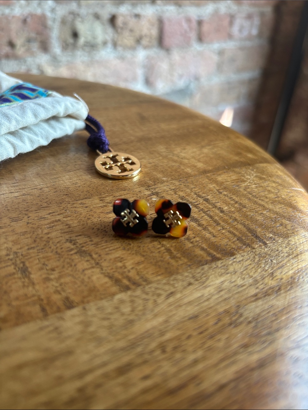 Tory Burch Tortoiseshell Floral Stud Earrings with Gold Logo